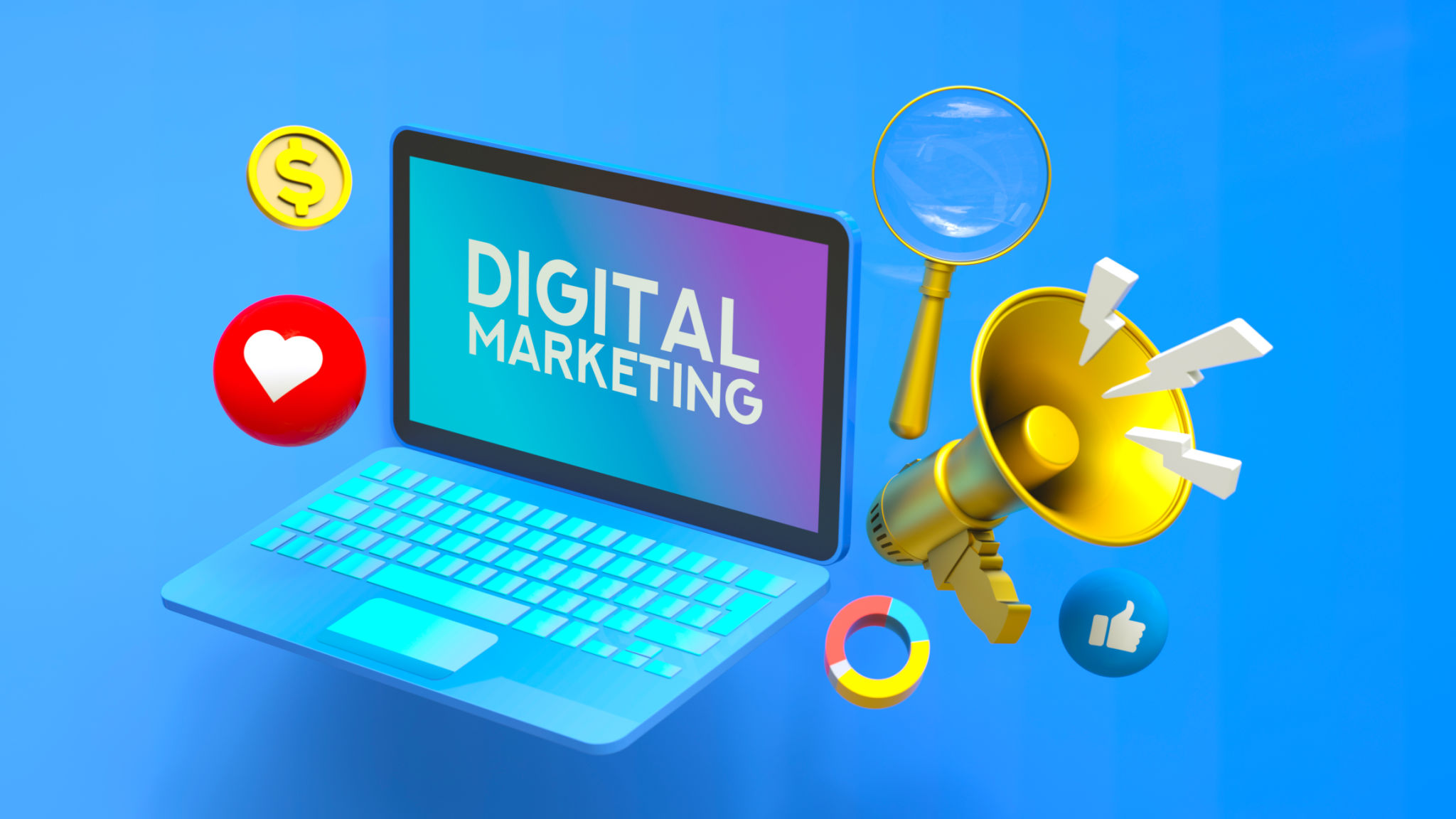 This dynamic 3D illustration features a laptop displaying "Digital Marketing," surrounded by essential online marketing elements such as a megaphone, social media icons, a magnifying glass, and financial symbols. Representing modern online advertising, SEO strategies, social media engagement, and e-commerce promotion, this visual is perfect for marketing campaigns, branding materials, content creation, and digital business strategies. The vibrant blue background and floating digital elements emphasize innovation, connectivity, and effective communication. Ideal for agencies, entrepreneurs, digital marketers, and social media influencers looking to highlight topics such as online branding, audience targeting, and business growth in the digital world.