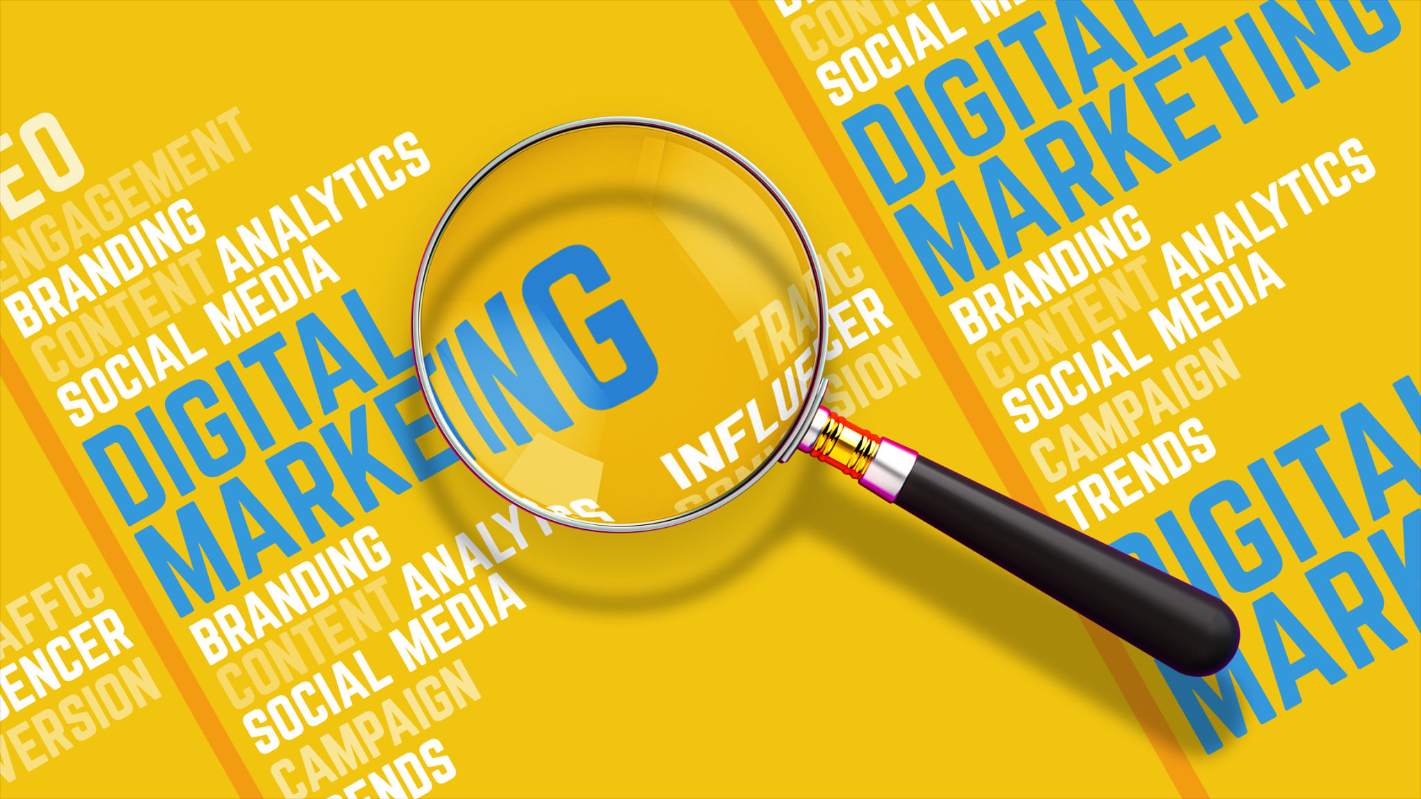 Conceptual illustration representing the key elements of Digital Marketing. This word cloud on a vibrant yellow background includes essential terms like SEO, Branding, Content Analytics, Social Media, Campaign, Trends, Influencer, Traffic, and Conversion. A magnifying glass highlights the core concepts, symbolizing the analysis and strategic focus required in online marketing. Perfect for marketing presentations, agency pitches, educational materials, and business growth strategies.